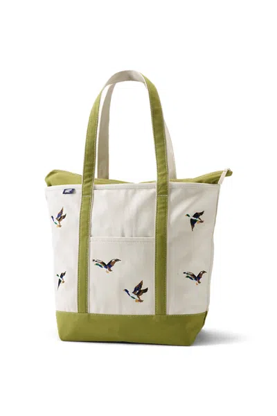 Lands' End Large Canvas Tote Bag Embroidered 5 Pocket Zip Top Long Handle In Green