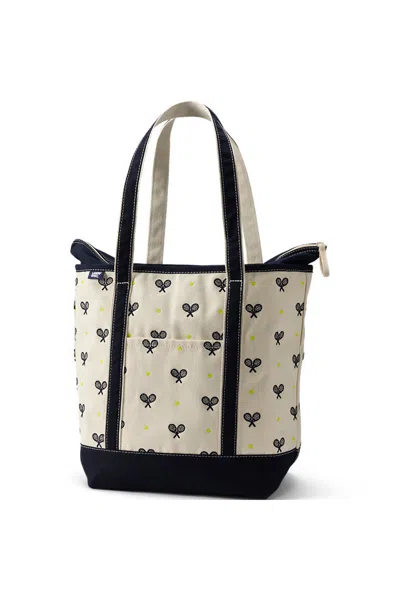 Lands' End Large Canvas Tote Bag Embroidered 5 Pocket Zip Top Long Handle In Ivory