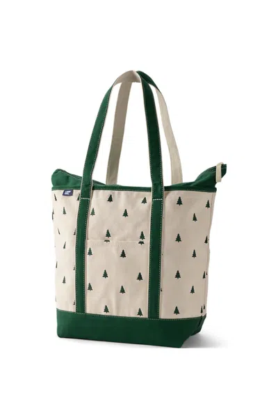 Lands' End Large Canvas Tote Bag Embroidered 5 Pocket Zip Top Long Handle In Ivory