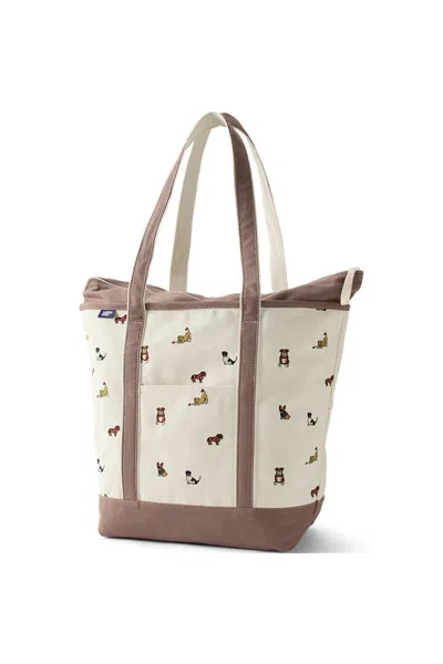 Lands' End Large Print 5 Pocket Zip Top Long Handle Canvas Tote Bag In Ivory