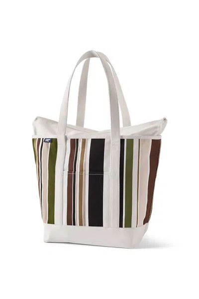 Lands' End Large Print 5 Pocket Zip Top Long Handle Canvas Tote Bag In White
