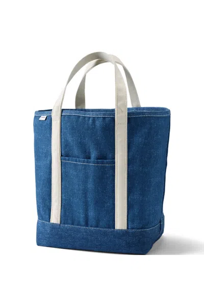 Lands' End Large Solid Color 5 Pocket Open Top Canvas Tote Bag In Blue