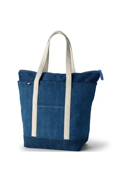Lands' End Large Solid Color 5 Pocket Zip Top Long Handle Canvas Tote Bag In Blue