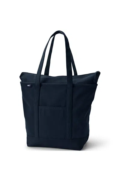 Lands' End Large Solid Color 5 Pocket Zip Top Long Handle Canvas Tote Bag In Blue