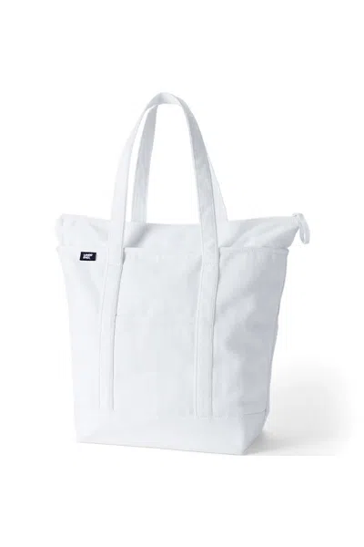 Lands' End Large Solid Color 5 Pocket Zip Top Long Handle Canvas Tote Bag In White
