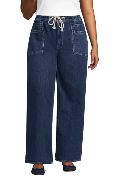 Lands' End Lightweight Denim High Rise Relaxed Straight Pull On Pocket Jeans In Blue