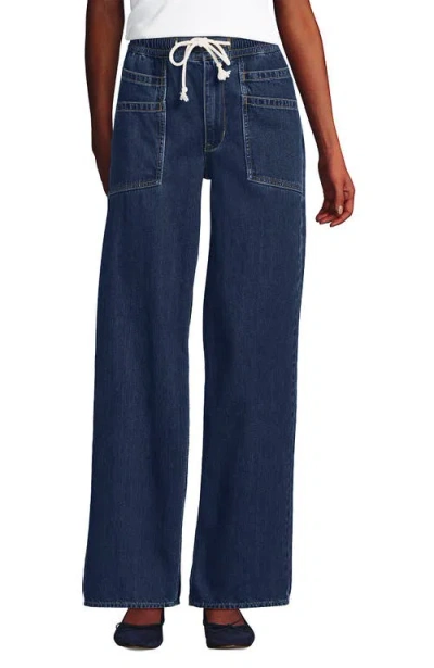 Lands' End Lightweight Denim High Rise Relaxed Straight Pull On Pocket Jeans In Blue