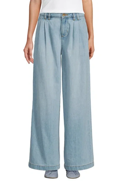 Lands' End Lightweight Denim Mid Rise Pleated Slouchy Jeans In Breeze Blue Wash