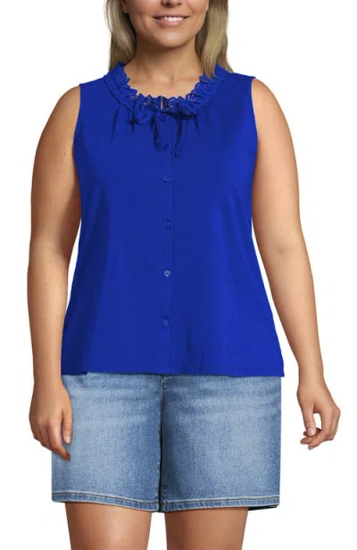 Lands' End Lightweight Jersey Button Front Lace Trim Tank In Blue
