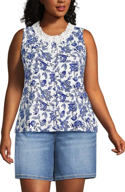 Lands' End Lightweight Jersey Button Front Lace Trim Tank In Multi