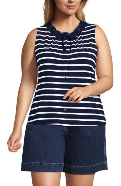 Lands' End Lightweight Jersey Button Front Lace Trim Tank In Pink