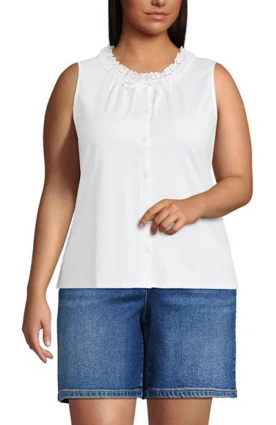 Lands' End Lightweight Jersey Button Front Lace Trim Tank In White
