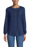 Lands' End Lightweight Jersey Lace Mix Long Sleeve Pintuck Top In Blue