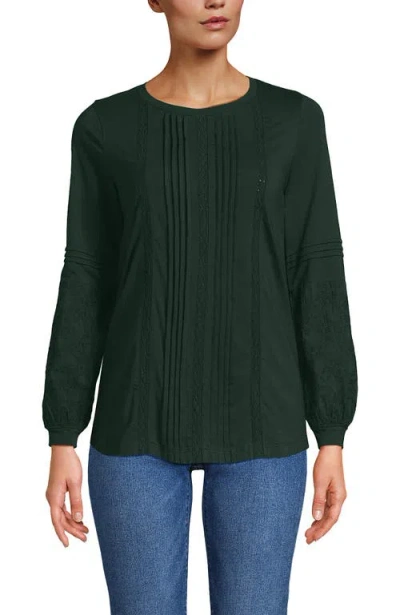 Lands' End Lightweight Jersey Lace Mix Long Sleeve Pintuck Top In Green