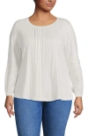 Lands' End Plus Size Lightweight Jersey Lace Mix Long Sleeve Pintuck Top In White