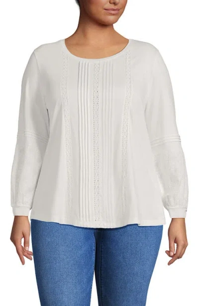 Lands' End Plus Size Lightweight Jersey Lace Mix Long Sleeve Pintuck Top In White