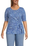 Lands' End Lightweight Jersey Tie Front Top In Ivory/vista Blue Flowers