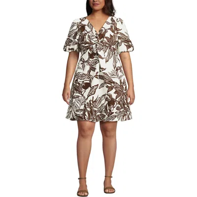 Lands' End Linen Above The Knee Puff Sleeve Dress In Gray