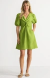 Lands' End Linen Above The Knee Puff Sleeve Dress In Green