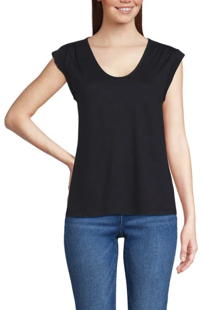 Lands' End Linen Blend Cap Sleeve Gathered Shoulder Tee In Black