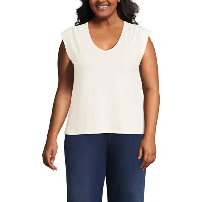 Lands' End Plus Size Linen Blend Cap Sleeve Gathered Shoulder Tee In Ivory