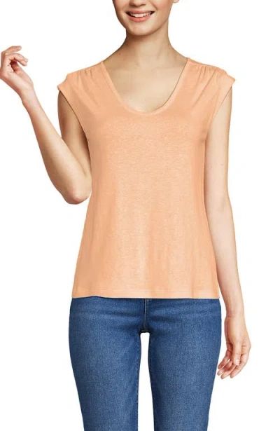Lands' End Linen Blend Cap Sleeve Gathered Shoulder Tee In Peach Sorbet