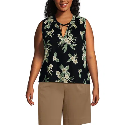 Lands' End Linen Blend Notch Neck Swing Tank Top In Black