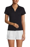 Lands' End Linen Blend Short Sleeve Button Front Polo Top In Black