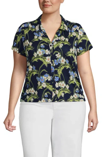 Lands' End Linen Blend Short Sleeve Button Front Polo Top In Multi