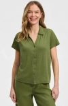 Lands' End Linen Blend Short Sleeve Button Front Polo Top In Multi