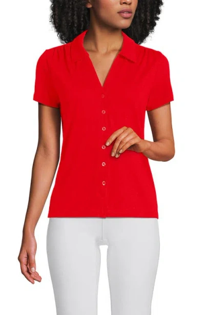 Lands' End Linen Blend Short Sleeve Button Front Polo Top In Red
