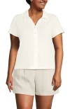 Lands' End Linen Blend Short Sleeve Button Front Polo Top In White