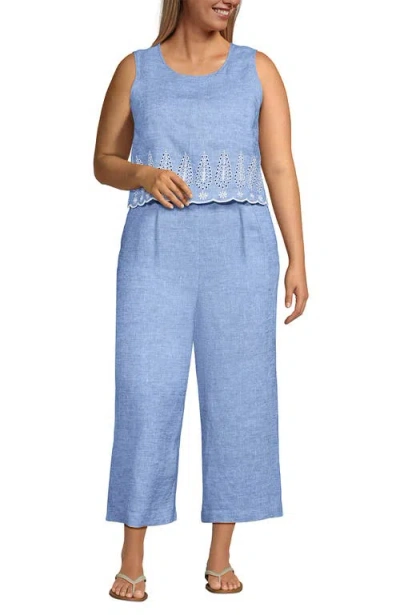 Lands' End Linen Sleeveless Embroidered Jumpsuit In Soft Blue Eyelet