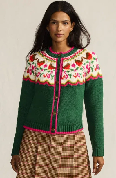 Lands' End Lofty Birdseye Fair Isle Cardigan Sweater In Green