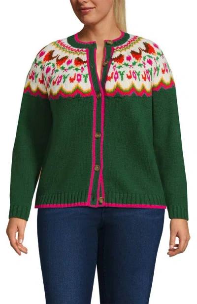 Lands' End Lofty Birdseye Fair Isle Cardigan Sweater In Green