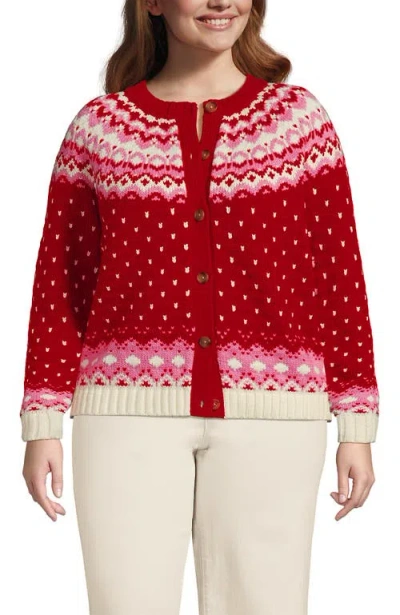 Lands' End Lofty Birdseye Fair Isle Cardigan Sweater In Red
