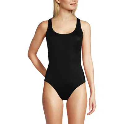 Lands' End Long Chlorine Resistant Shine X-back High Leg Soft Cup Tugless One Piece Swimsuit In Black