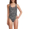Lands' End Long Chlorine Resistant Scoop Neck X-back High Leg Soft Cup Tugless Sporty One Piece Swim In Black/white Abstract Floral