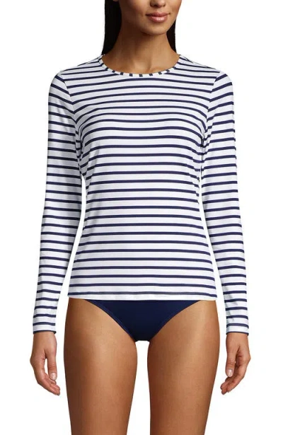 Lands' End Long Crew Neck Long Sleeve Rash Guard Upf 50 Sun Protection Modest Swim Tee In White/deep Sea Stripe