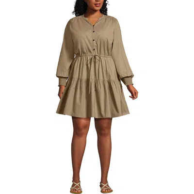 Lands' End Long Sleeve Cotton Poplin Mini Popover Dress In Desert Tan