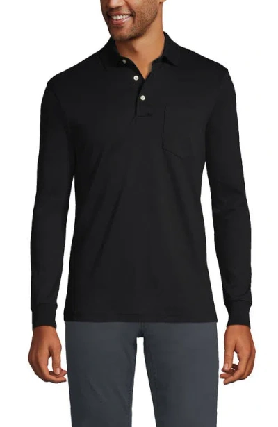 Lands' End Long Sleeve Cotton Supima Polo Shirt With Pocket In Black