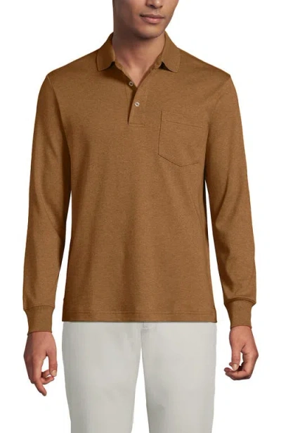 Lands' End Long Sleeve Cotton Supima Polo Shirt With Pocket In Brown