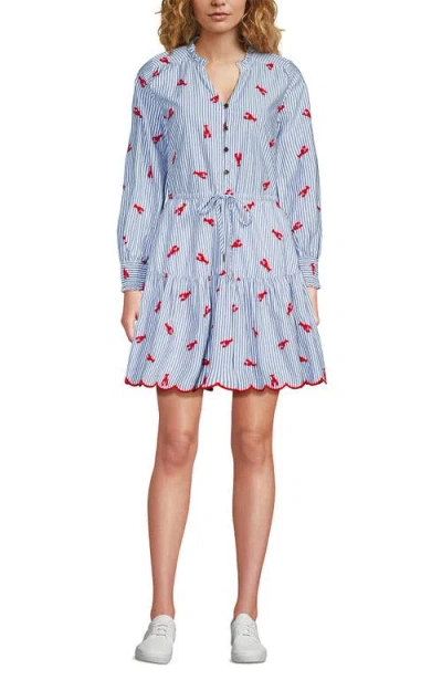 Lands' End Long Sleeve Eyelet Mini Popover Dress In Navy Stripe Lobster Embroidery