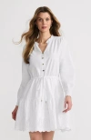 Lands' End Long Sleeve Eyelet Mini Popover Dress In White Eyelet