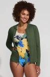 Lands' End Long Sleeve Hooded Full Zip Upf 50 Rash Guard In Rich Olive Green