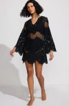 Lands' End Long Sleeve Lace Mini Swim Cover-up Dress In Black