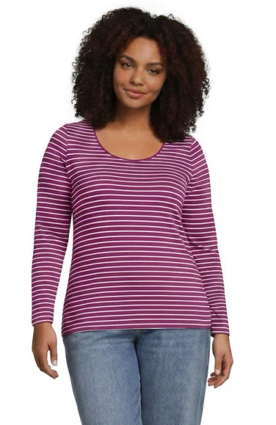 Lands' End Long Sleeve Lightweight Jersey Scoop Neck T-shirt In Raspberry/white Narrow Stripe