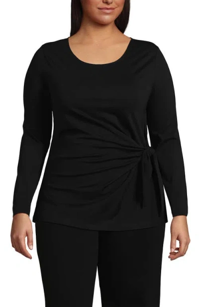 Lands' End Plus Long Sleeve Lightweight Tie Front Top In Black