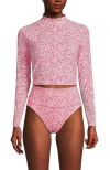 Lands' End Long Sleeve Mock Neck Cropped Upf 50 Sun Protection Rash Guard In Coral Rose/white Ditsy Lilies