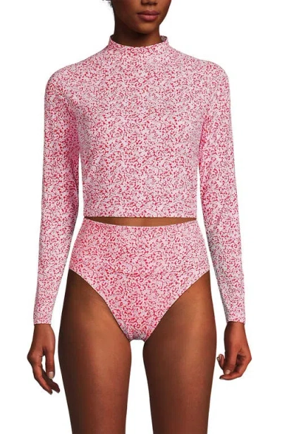 Lands' End Long Sleeve Mock Neck Cropped Upf 50 Sun Protection Rash Guard In Coral Rose/white Ditsy Lilies